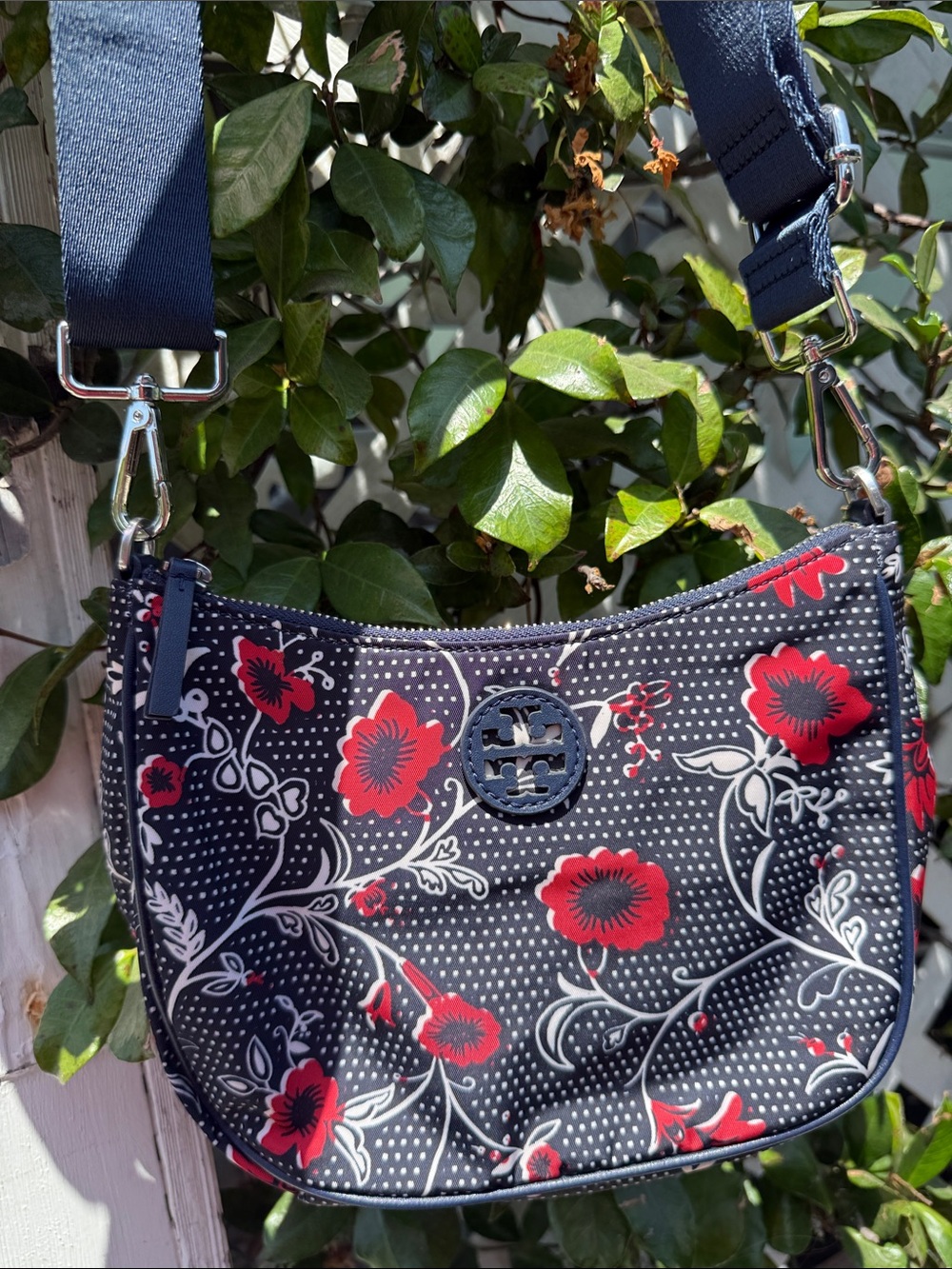 Tory Burch Navy Crossbody with Red Floral Print